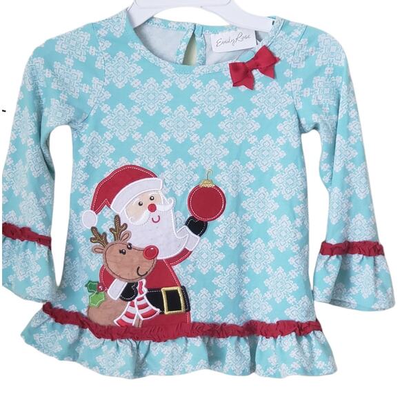 Emily Rose  Girl's Mint Christmas Top With Santa and Rudolph Size 3T - Picture 1 of 7